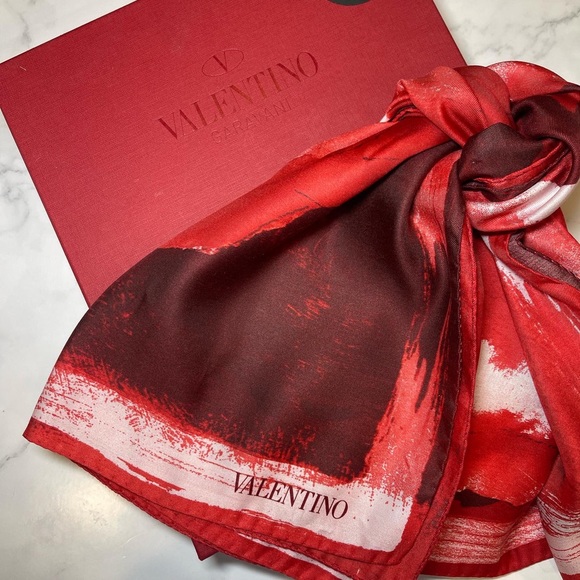 Valentino Accessories Valentino Red Rose Print Scarf 34x34 No Flaws